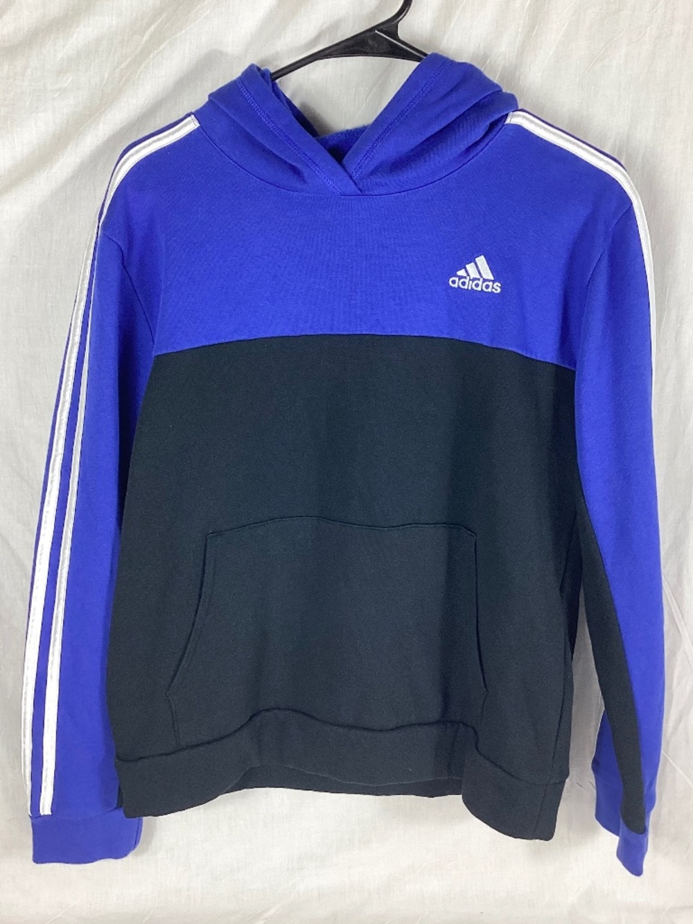 Adidas Boys Hooded Pullover Size Large 14/16 Blue Black Embroidered Logo